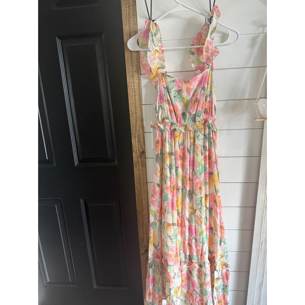 By the River Floral Ruffle Strap Maxi Dress Pink Yellow Green Small Boho Tiered